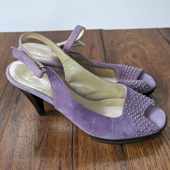 Aquatalia Purple Suede Studded Peep Toe 8 - Picture 1 of 6